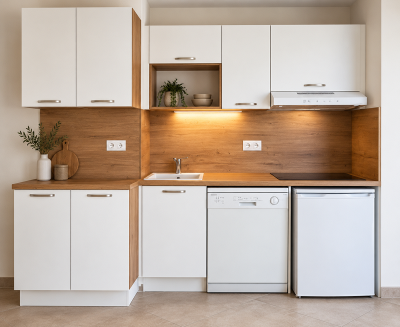 Cuisine aux lignes simples associant façades blanches et bois – VF Home Design